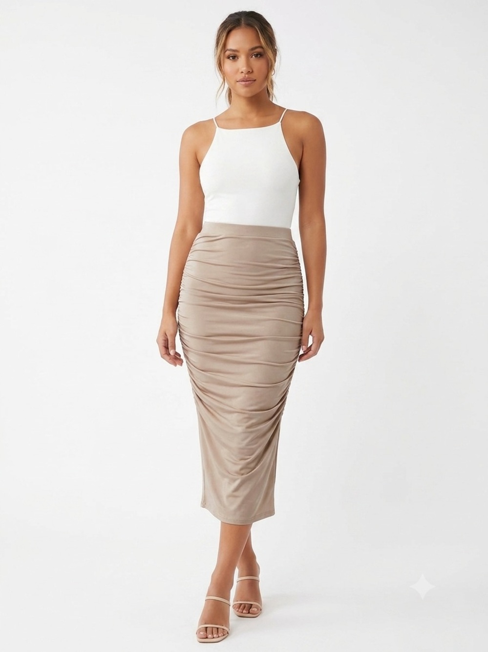NWT PrettyLittleThing Shape Taupe Slinky Ruched Midaxi Skirt Size US 6